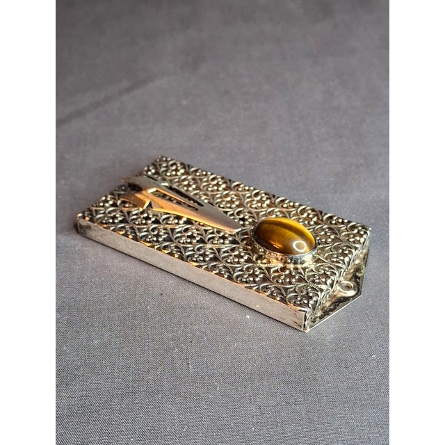 Vintage Israel Sterling Silver 925 Filigree Mezuzah Case Tiger's Eye Stone Judaica For Sale - Image 14 of 18