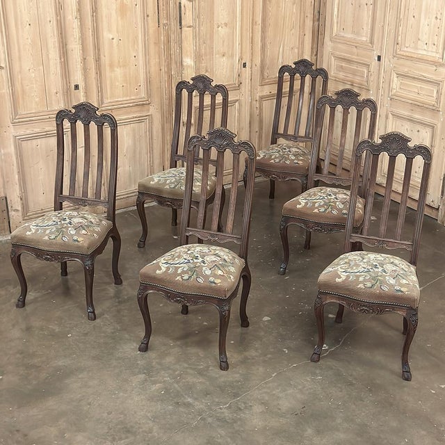 Set of 6 Antique Country French Liègeois Hand Carved Oak Dining Chairs With Needlepoint Tapestry For Sale - Image 4 of 17