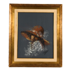 Late 20th Century Framed Signed "Girl in Red Hat" Pastel on Paper