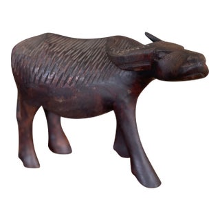 Vintage Hand-Carved Wooden Water Buffalo Sculpture With Textured Detailing. For Sale