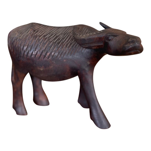 Vintage Hand-Carved Wooden Water Buffalo Sculpture With Textured Detailing. For Sale
