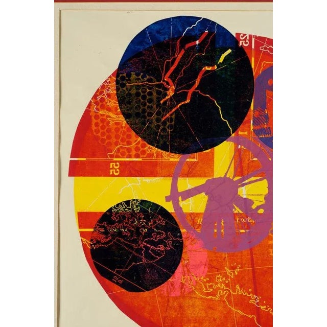 On a background of white, the red, yellow, purple, black and blue colors of this somewhat surrealistic print stand out....