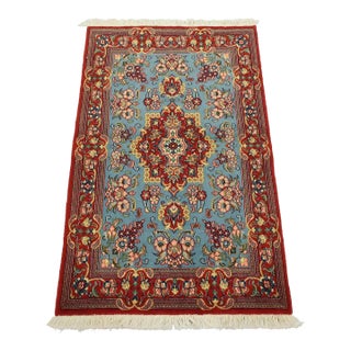 Qom Rug 2’7” X 4’2” Blue Wool Vintage Traditional Hand-Knotted Carpet For Sale