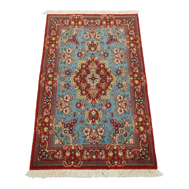 Qom Rug 2’7” X 4’2” Blue Wool Vintage Traditional Hand-Knotted Carpet For Sale