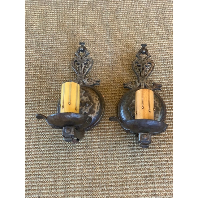 1930s Hammered Cast Iron Sconces - a Pair For Sale - Image 4 of 9
