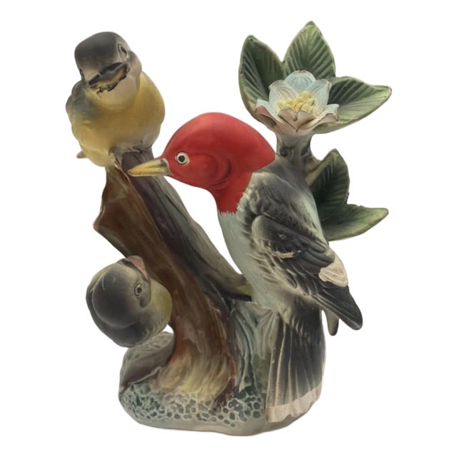 Vintage Enesco Japan Woodpecker Bird Family Figurine Mid Century Import Label For Sale