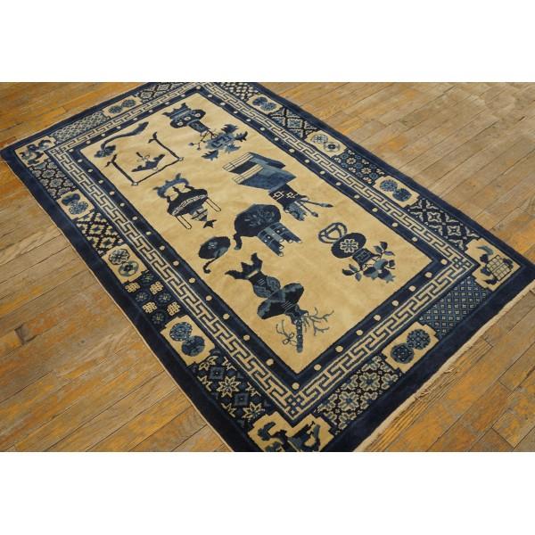 Antique Baotou Small Scatter Size Wool Blue Navy, Ivory Beige Cream White Rug, Circa Date: 1920s. This exceptional Chinese...