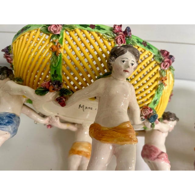 Antique Italian Lattice Lidded Centerpiece Ceramic Bowl on Putti Cherub For Sale - Image 12 of 12