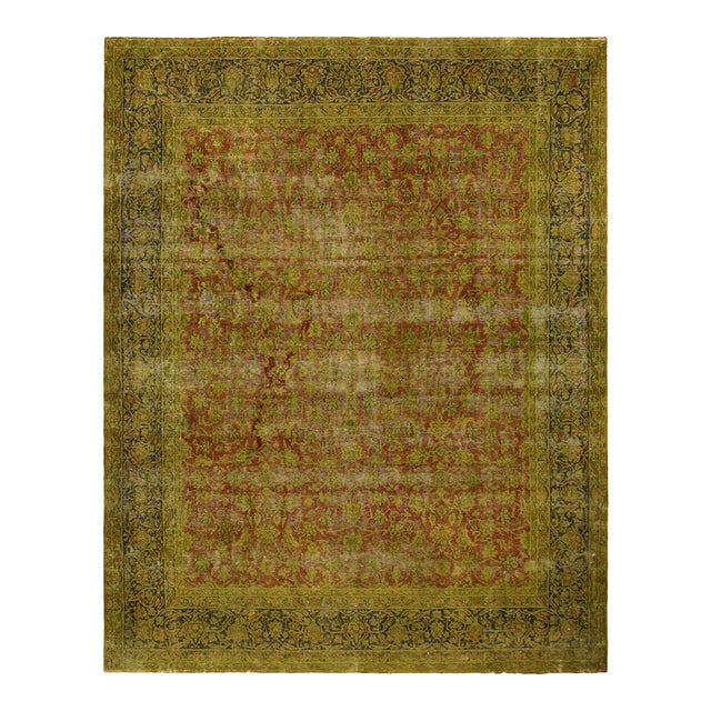 Shabby Chic No Pile Persian Rust/Blue Wool Rug - 9'9'' X 12'8'' For Sale