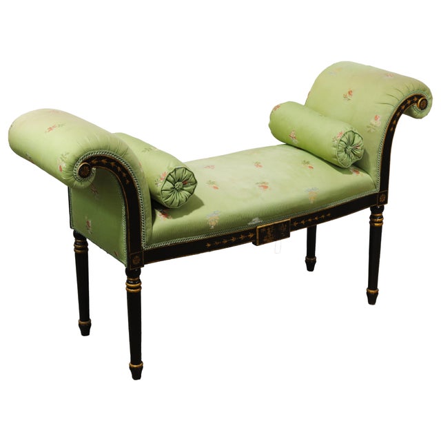 This exquisite vintage window seat showcases a striking neoclassical silhouette enhanced by a refined, gilt-painted...