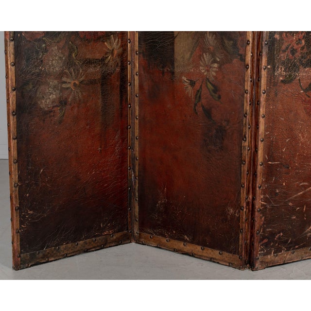 Wood Vintage Spanish Baroque Painted Leather Folding Screen For Sale - Image 7 of 12