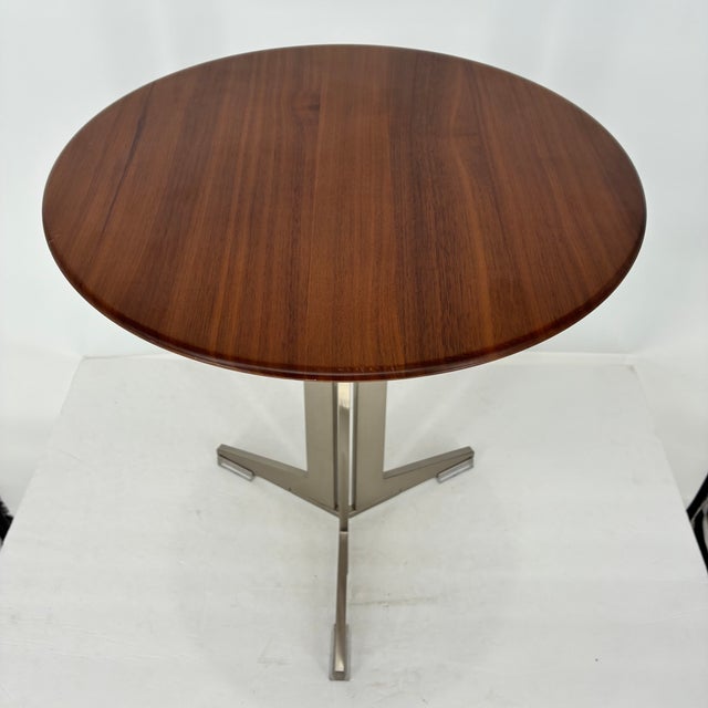 Flexform Walnut and Stainless MCM Style Round Top Side Table Very good preowned condition. some very minor marks and one...