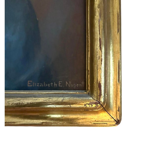 1920’s Vintage Oil on Canvas Portrait Painting of Lady/Woman in Blue Dress With Original Gilt Newcomb Macklin Style Frame by Elizabeth Nugent For Sale In Dallas - Image 6 of 7