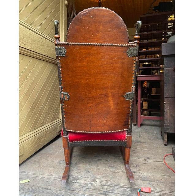 Mid 19th Century Mid 19th Century Victorian Aesthetic Movement Rocking Chair With Embossed Leather Back and Satyr Finials For Sale - Image 5 of 17