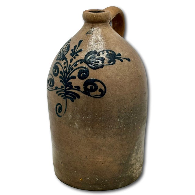 Great Mid 1800s Antique American 2 Galllon Stoneware Jug With Bold Artiscally Hand Decorated Navy Blue Flower Design For Sale - Image 10 of 18