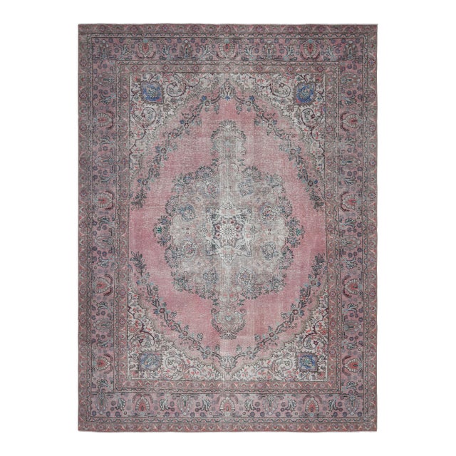 1970s Vintage Persian Handmade Wool Cotton Pink Oversized Area Rug For Sale