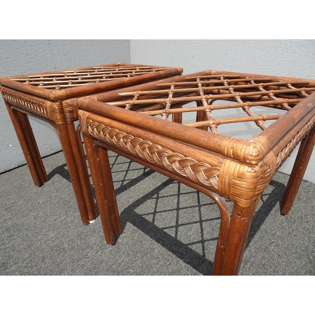Vintage Mid Century Modern Rustic Bamboo Rattan Brown End Tables - a Pair For Sale - Image 11 of 13