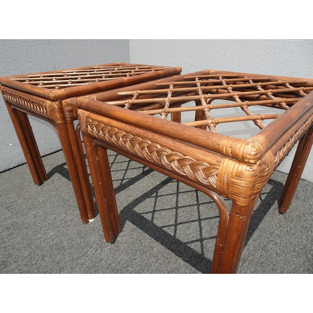 Vintage Mid Century Modern Rustic Bamboo Rattan Brown End Tables - a Pair For Sale - Image 11 of 12