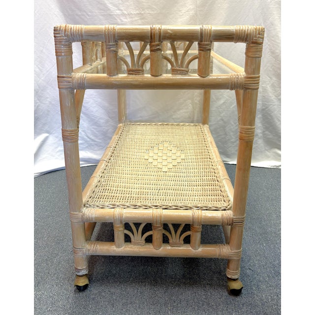 Late 20th Century Vintage Palm Beach Chic Ficks Reed Style Rattan and Glass Rolling Bar Cart For Sale - Image 5 of 14