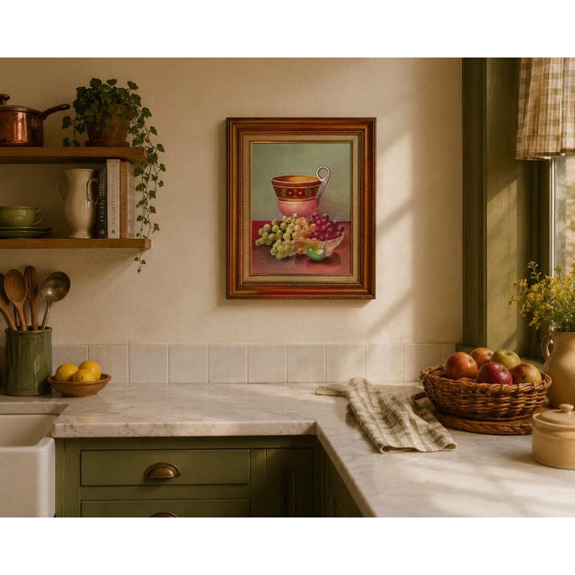 Charming 1970s vintage still life oil painting on canvas board, signed “Je. Ann” in the lower right corner. The...