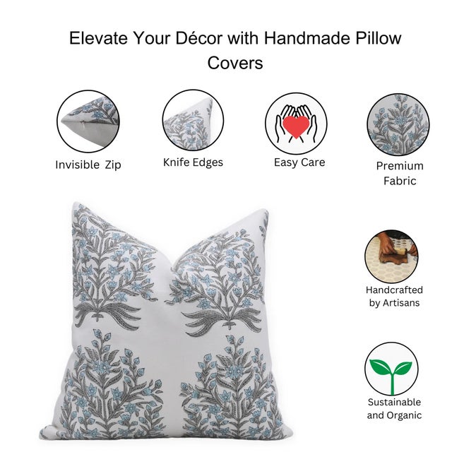 Fabdivine Handmade Block Printed Cushion Cover 12x20 Inch Thick Cotton White-Vrindavan For Sale - Image 4 of 4