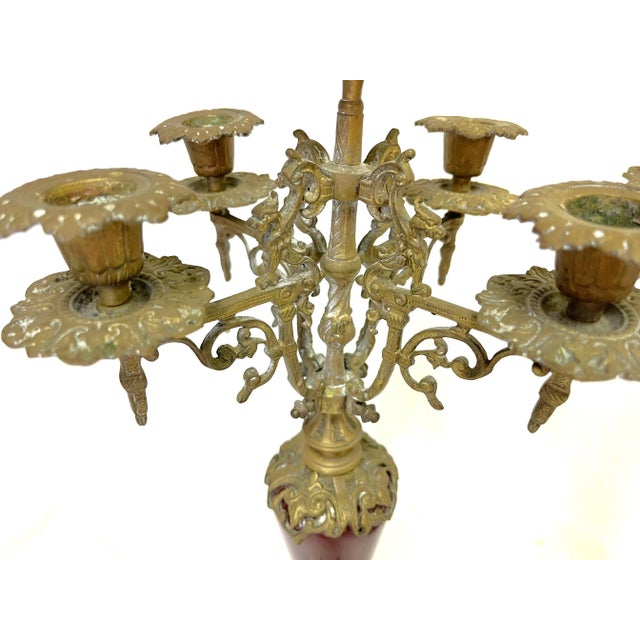Metal Antique Regency Heavy Brass With Red Enamel 5-Arm Candelabra With Griffin Accents- a Pair For Sale - Image 7 of 13