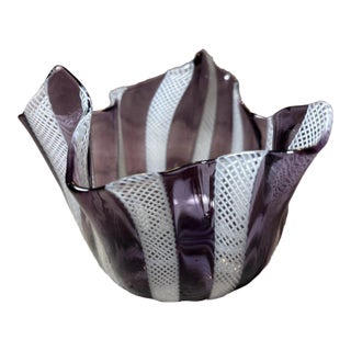 Vintage Murano Style Latticino Amethyst Purple White Art Glass Handkerchief Vase For Sale