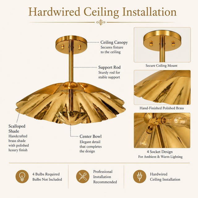 Brass Scallop Ceiling Light, Hollywood Regency Semi Flush Mount, Handmade Clam Shell Ceiling Lamp, Art Deco Gold Brass Fixture 28 Inch For Sale - Image 6 of 13
