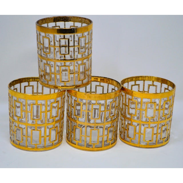 1960s Imperial Glass Shoji Trellis 22 Carat Gold Plated Bud Vase Cocktail Glasses Mixer Set - Set of 5 For Sale - Image 12 of 12