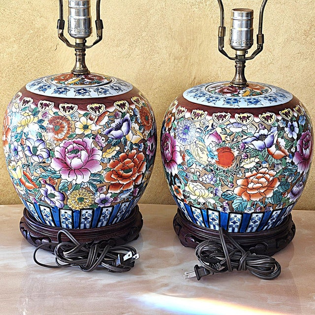 Ceramic Vintage Hand-Painted Floral Porcelain Table Lamps – a Pair For Sale - Image 7 of 18