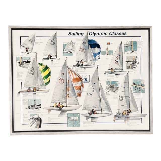 Vintage Olympic Sailing Classes Framed Poster M. Chiesa Italy 1989 Nautical For Sale