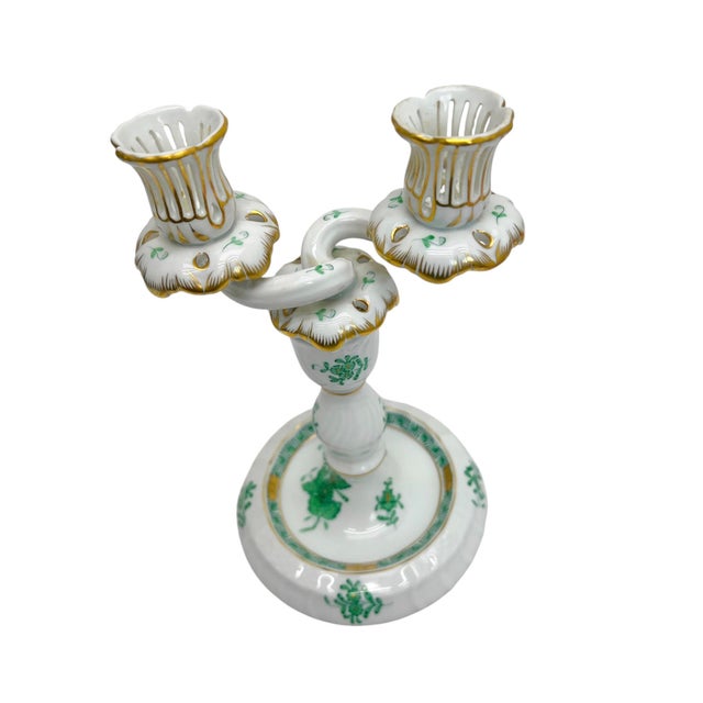 Handpainted Apponyi Green 7915 Double Candleholder from Herend, Hungary, 1960s For Sale - Image 9 of 10