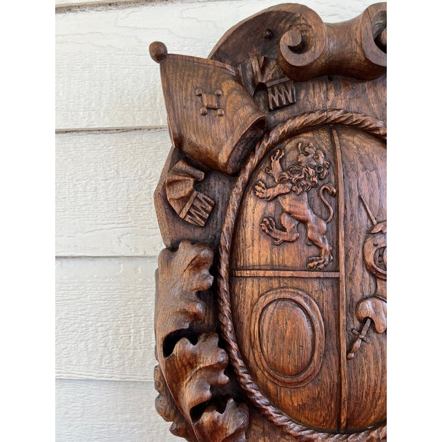 Brown Antique French Gothic Wall Plaque Coat of Arms Carved Oak Renaissance C1890 For Sale - Image 8 of 18
