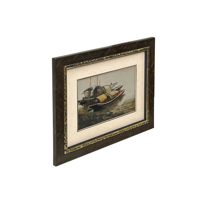 Asian Vintage Embroidery River Vessel Boats Rectangular Framed Art For Sale - Image 3 of 8