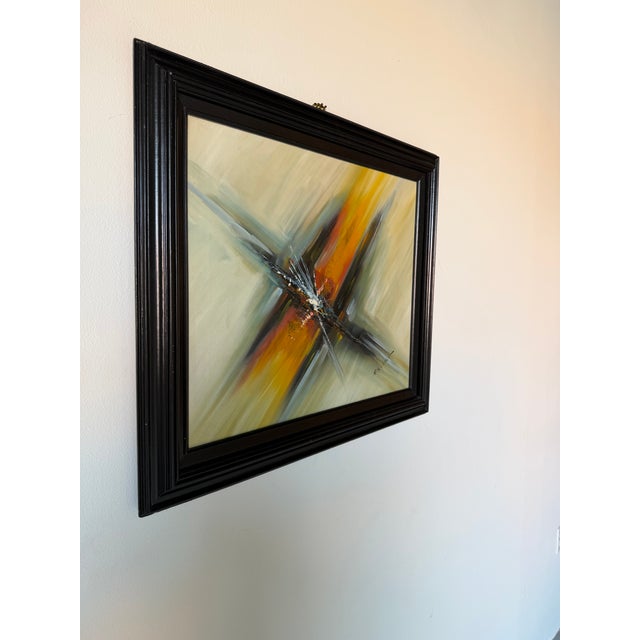 Bold and energetic vintage abstract expressionist oil painting by Roy Pierce, featuring dramatic intersecting forms in...