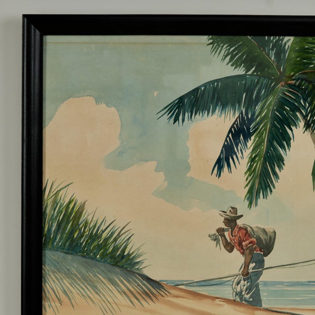 Transporting watercolor on paper having a tropical composition of gentleman out conching painted on a sunny day in 1940....