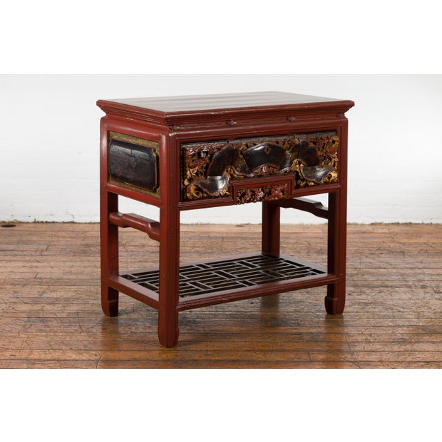 Chinese Chinese Red Lacquered Console Table with Hand Carved Drawers and Geometric Shelf For Sale - Image 3 of 12