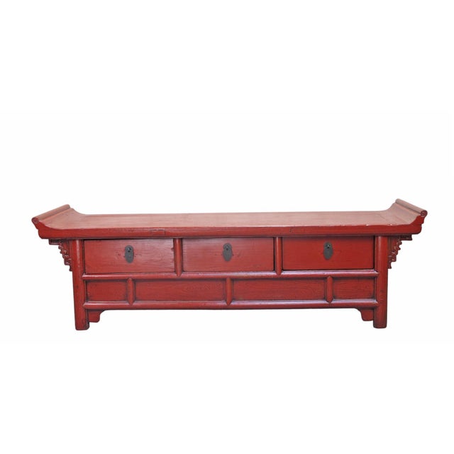 Asian Antique Low 17" Inch High Red Altar-Style Console or Sofa Back Table For Sale - Image 3 of 8
