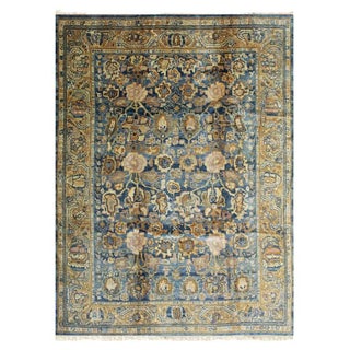 10x14 Blue Hand-Knotted Wool Faded Floral Bloom Geometric Modern Carpet Rug For Sale