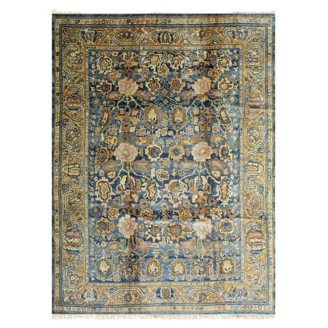 Contemporary 10x14 Blue Hand-Knotted Wool Faded Floral Bloom Geometric Modern Carpet Rug For Sale - Image 3 of 7