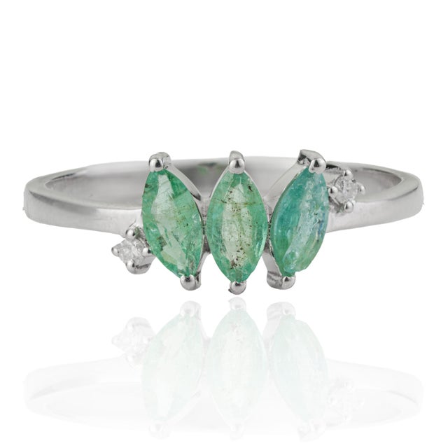 Contemporary Handmade Three Stone Marquise Emerald & Diamond Ring in 925 Silver Size 7.5 For Sale - Image 3 of 13
