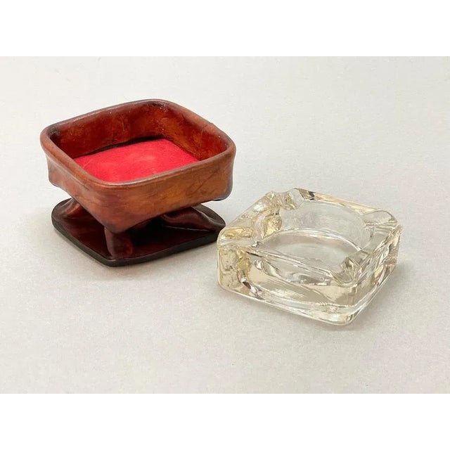 Mid-Century French Brown Leather and Glass Ashtray by Jacques Adnet, 1950s For Sale - Image 13 of 18