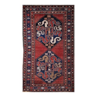 Antique Cloudband Kazak Area Rug, Hand-Knotted Wool, Geometric Design, Red & Blue, 5' x 8' For Sale