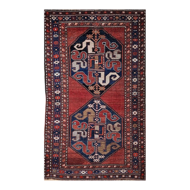 Antique Cloudband Kazak Area Rug, Hand-Knotted Wool, Geometric Design, Red & Blue, 5' x 8' For Sale