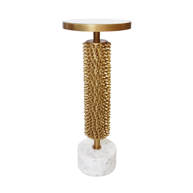 Brass Matthew Izzo Home Talia Urchin Textured Round Pedestal Side Table With Marble Base and Inset Mirror Top For Sale - Image 8 of 8