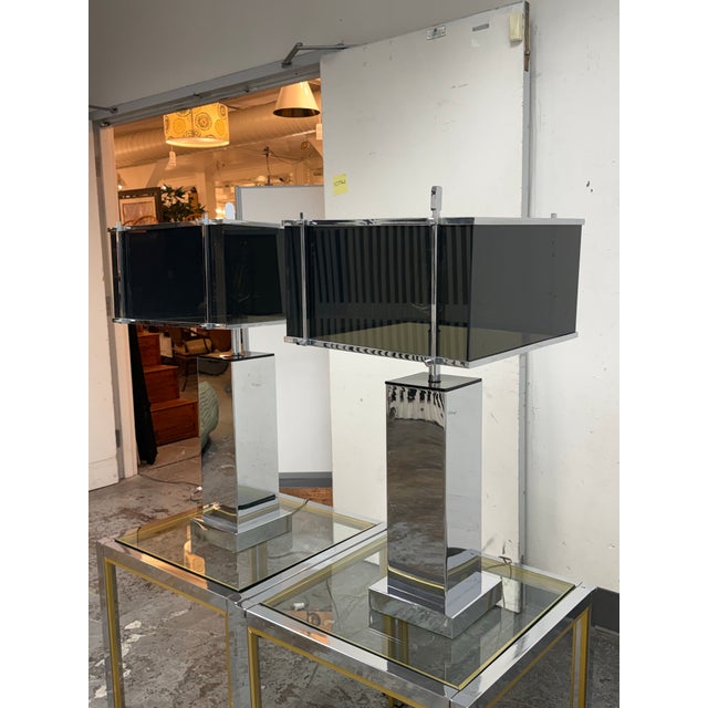Postmodern Charles Hollis Jones Modern Chrome + Smoked Acrylic Table Lamps, Circa 1970's For Sale - Image 3 of 12