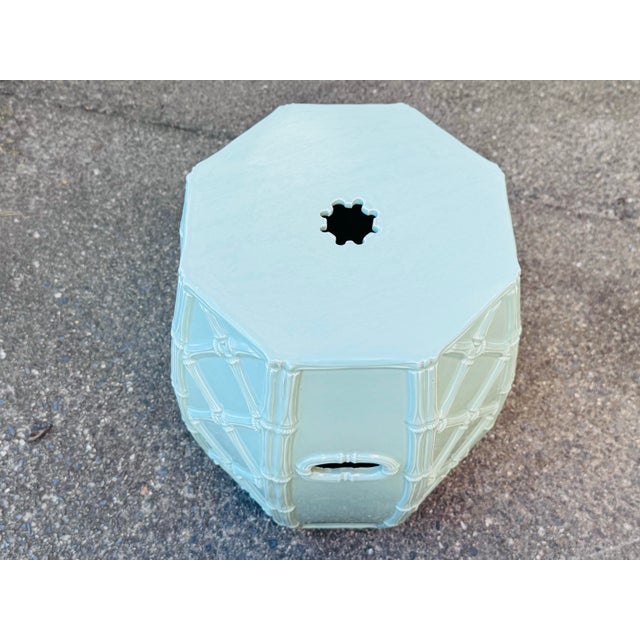 Italian Vintage 1960s Italian Celadon Green Palm Beach Style Ceramic Faux Bamboo Garden Stool For Sale - Image 3 of 6