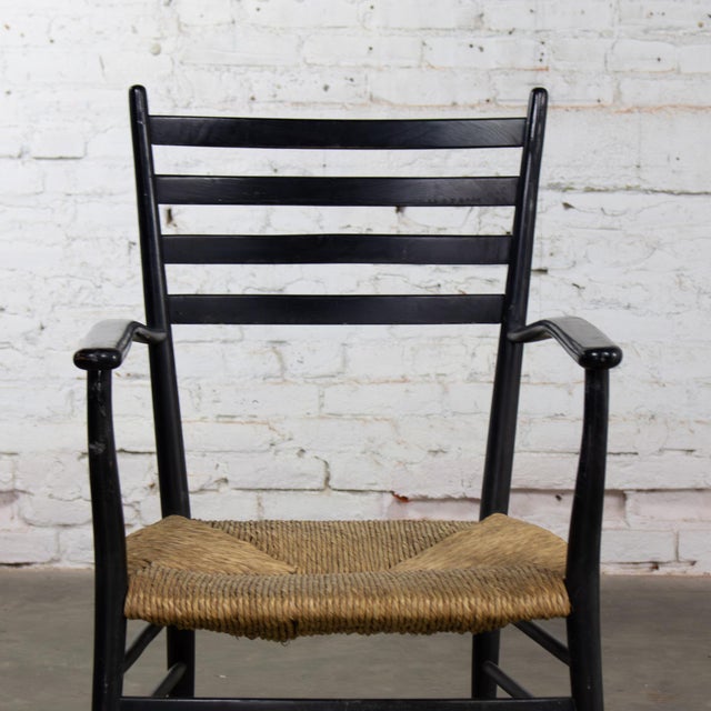 Mid-20th Century Italian MCM Ladderback Armchair Black Frame With Rush Seat Manner of Gio Ponti For Sale - Image 10 of 18