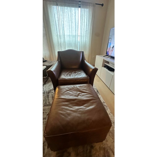 Mid-Century Modern Mitchell Gold + Bob Williams Leather Chair and Ottoman Set For Sale - Image 3 of 10