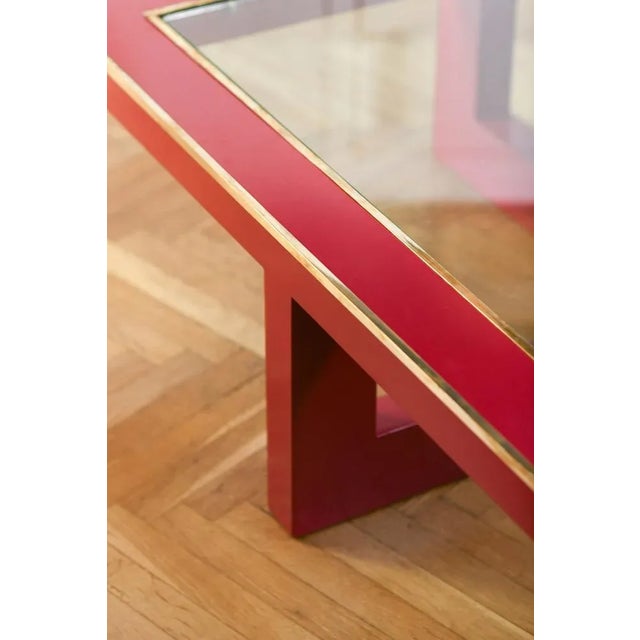 Large China Red Lacquered Low Lounge Table with Brass Details, Italy, 1970s For Sale - Image 3 of 6